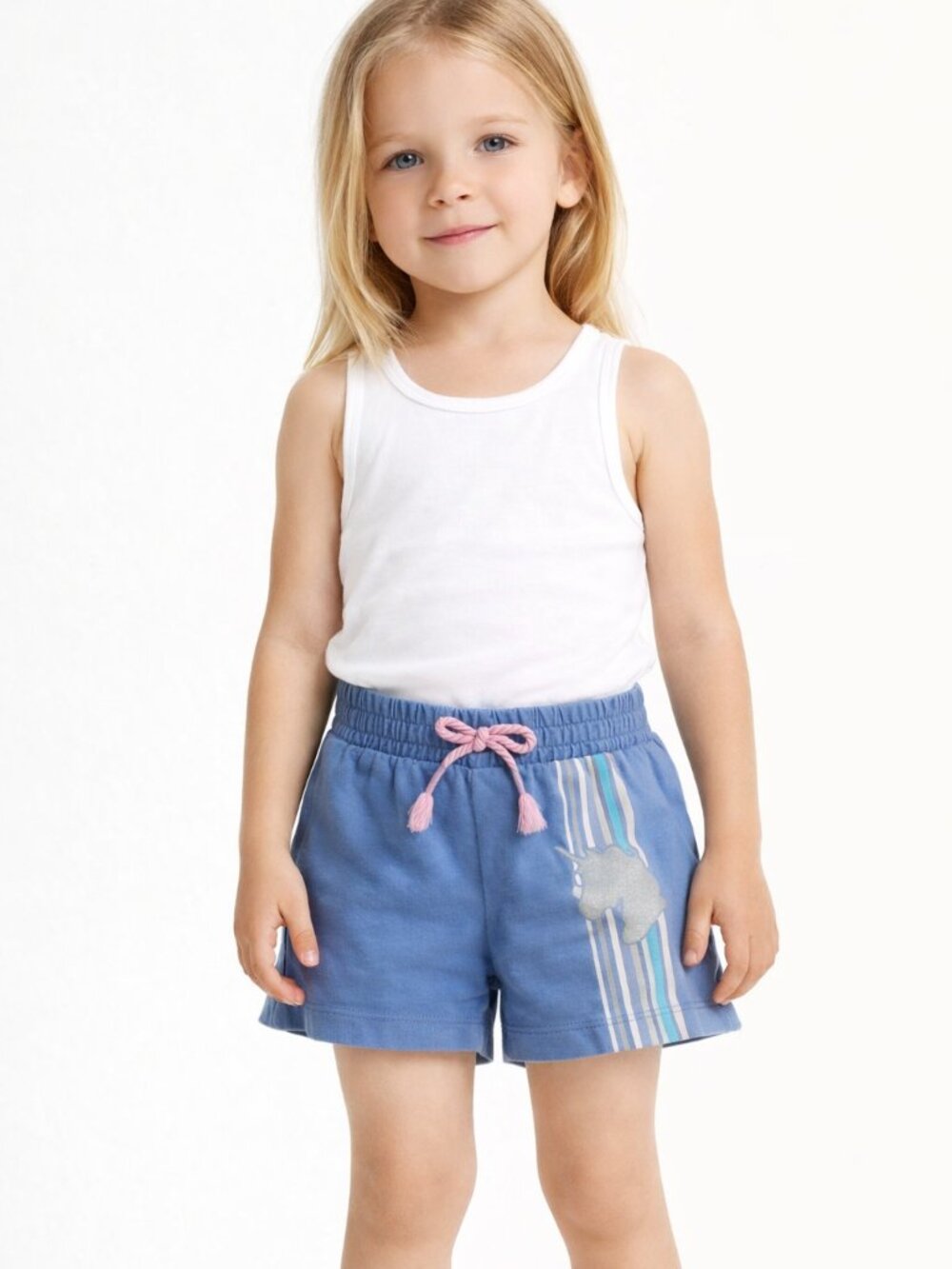Wonder Nation Girls Graphic Pull‑Up Shorts Horse Head Stripes Blue Size XS (4–5)